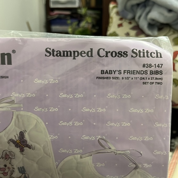 New, Stamped Cross-Stitch Kit, Baby Bibs Embroidery, Suzy’s School, Bird, Bunny - Picture 2 of 5